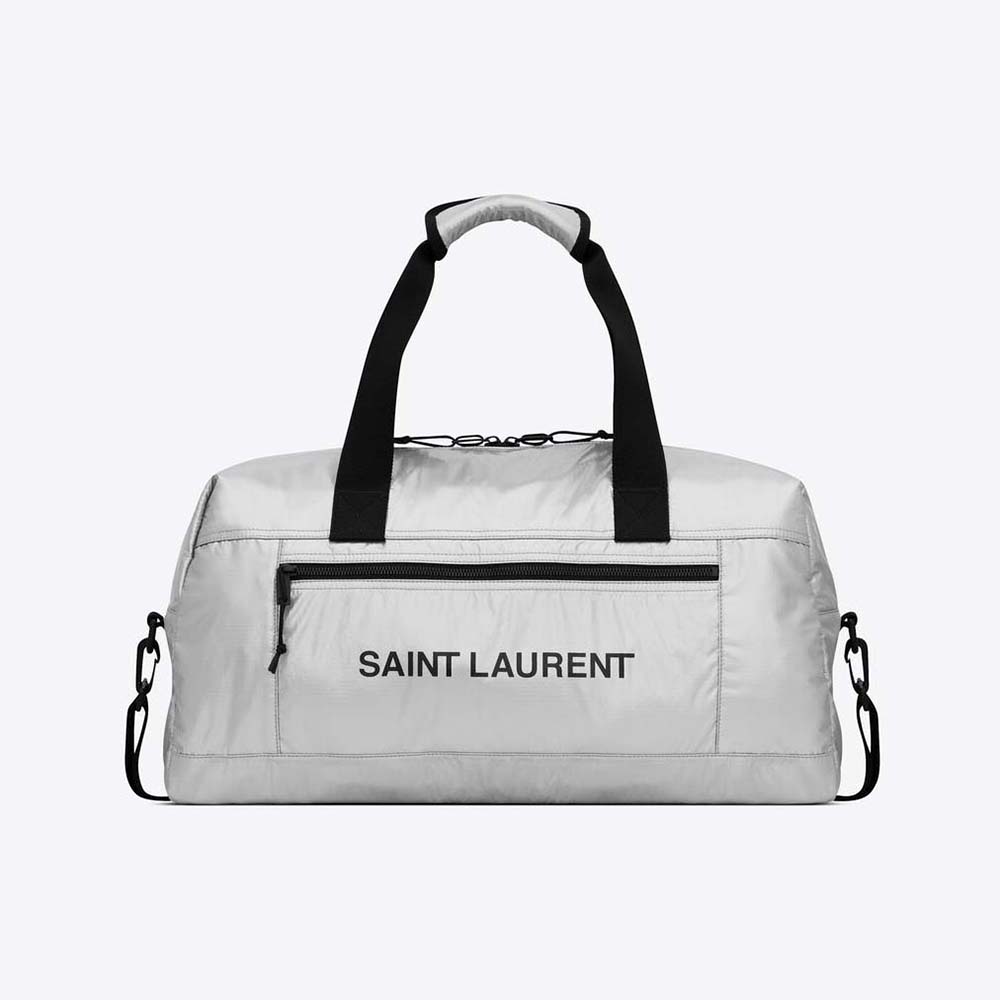 Front angle of Saint Laurent YSL Men Nuxx Duffle in Metallized Nylon-Silver