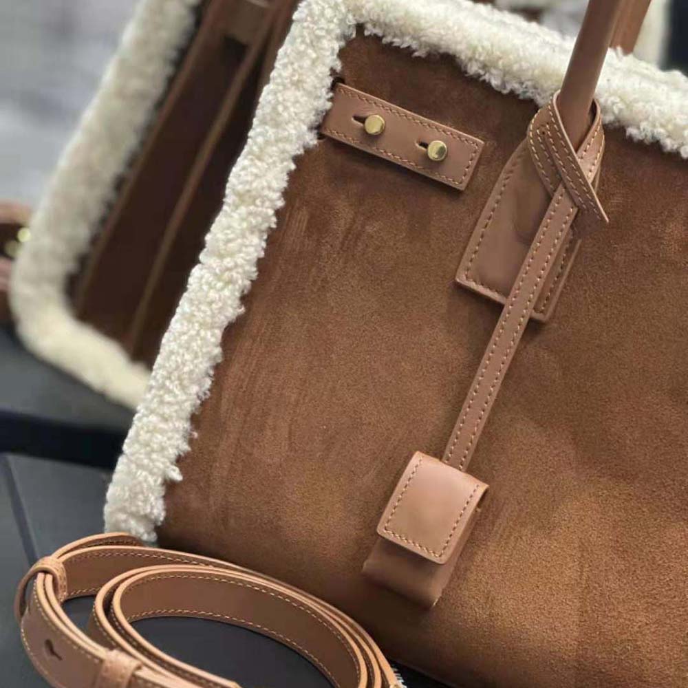Saint Laurent YSL Men Sac De Jour Thin Large in Shearling and Suede-Brown - image 9