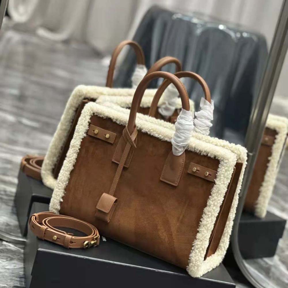 Saint Laurent YSL Men Sac De Jour Thin Large in Shearling and Suede-Brown - image 4