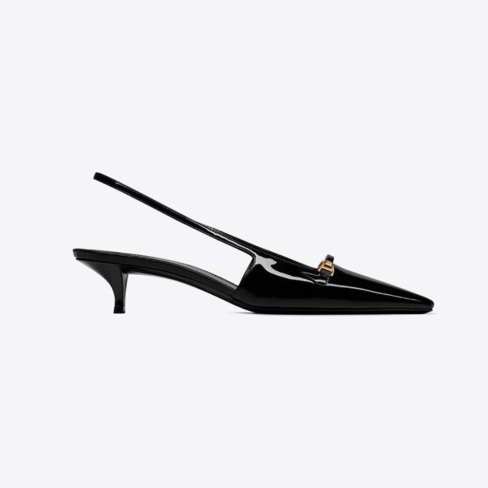 Front angle of Saint Laurent YSL Women Blade Sslingback Pumps in patent leather