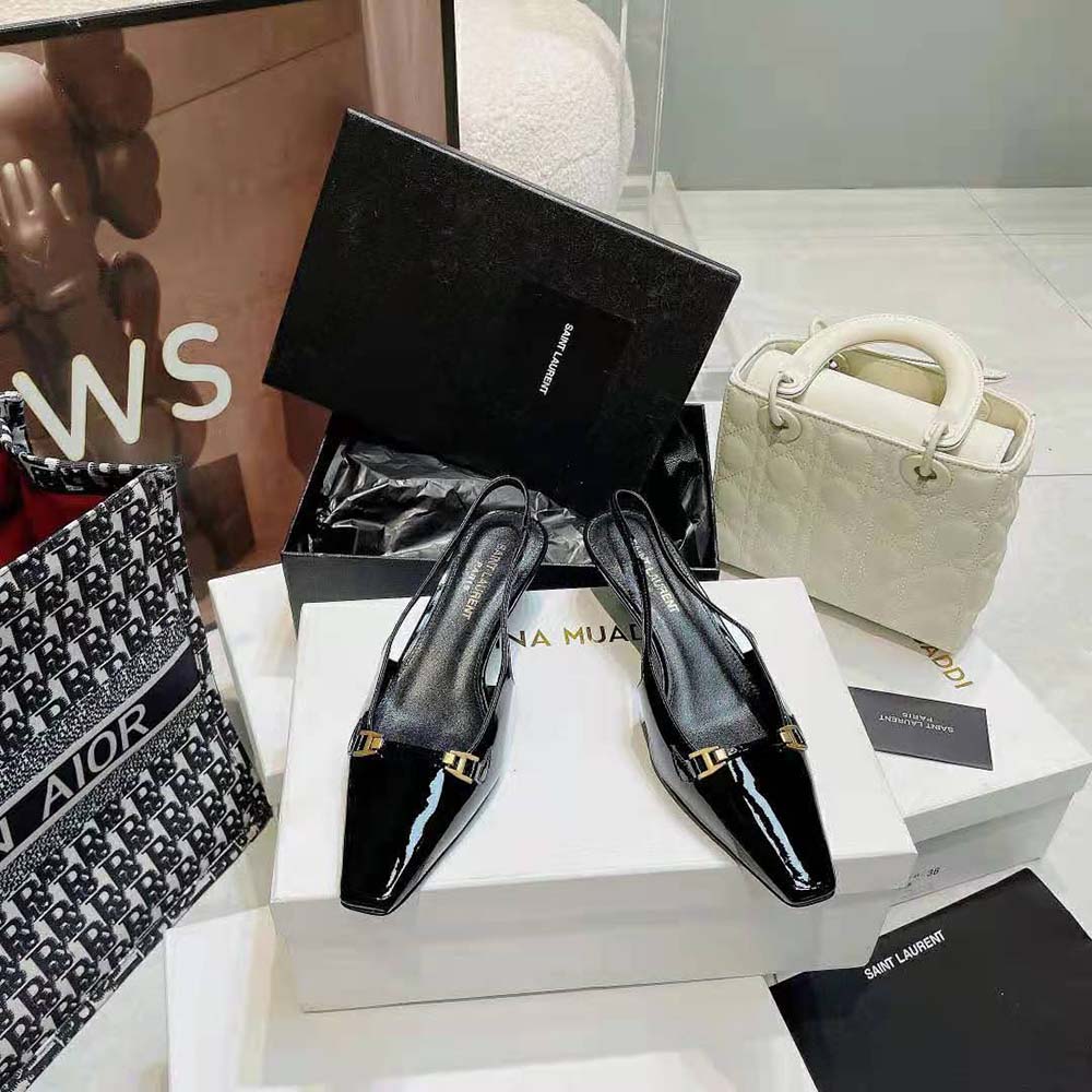 Close-up of YSL logo and blade heel on Saint Laurent YSL Women Blade Sslingback Pumps
