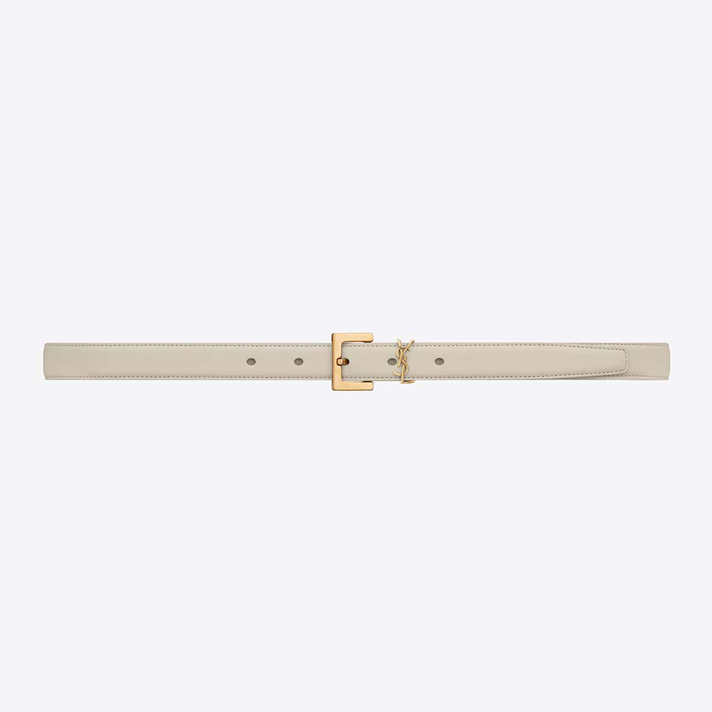 Front view of Saint Laurent YSL Women Cassandre Thin Belt with Square Buckle in Beige