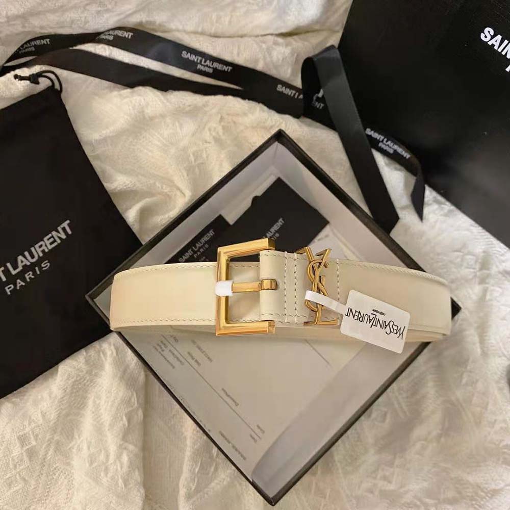 Close-up of polished square buckle on Saint Laurent YSL Women Cassandre Thin Belt