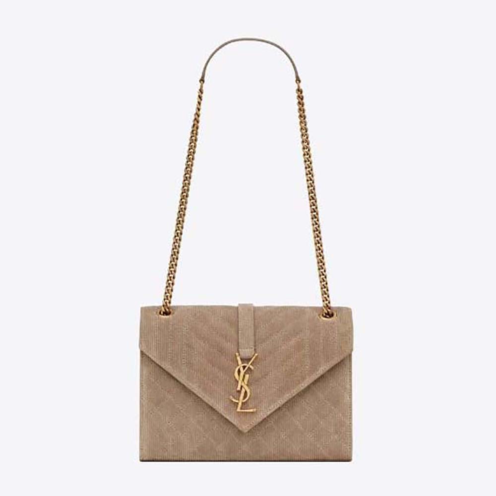 Front view of Saint Laurent YSL Women Envelope Medium Chain Bag sandy corduroy