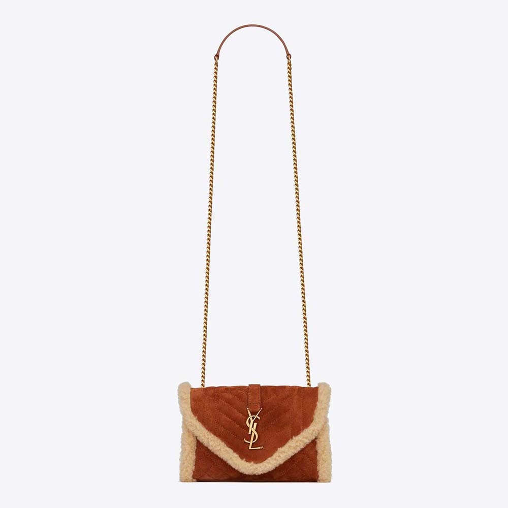 Front angle of Saint Laurent YSL Women Envelope Small Bag in brown suede