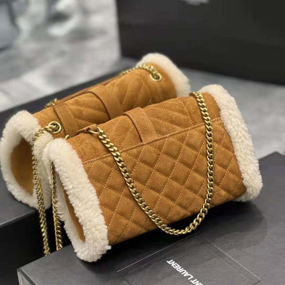 Side profile showing shearling trim and compact size of Saint Laurent YSL bag