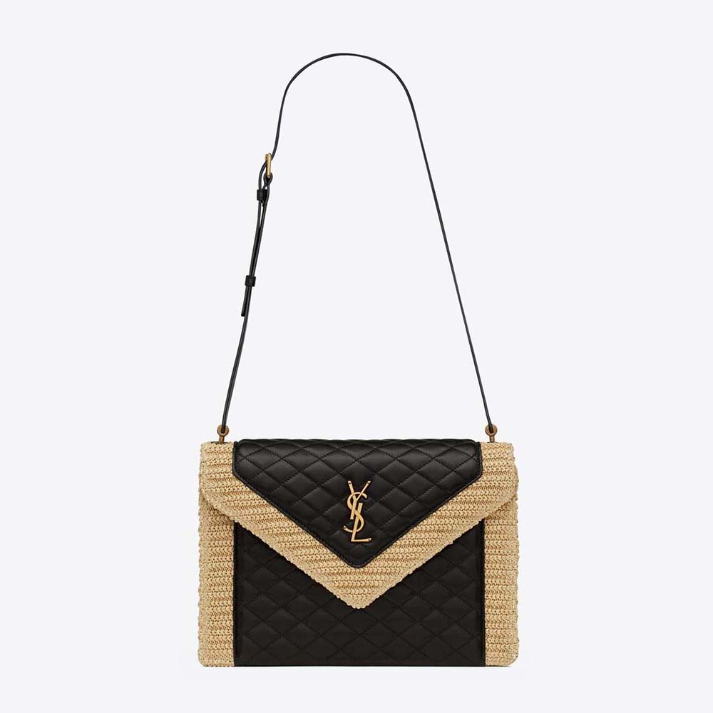 Front view of Saint Laurent YSL Women Gaby Satchel in black quilted leather and raffia