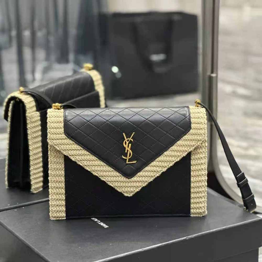 Close-up detail of gold YSL hardware on the Gaby Satchel bag