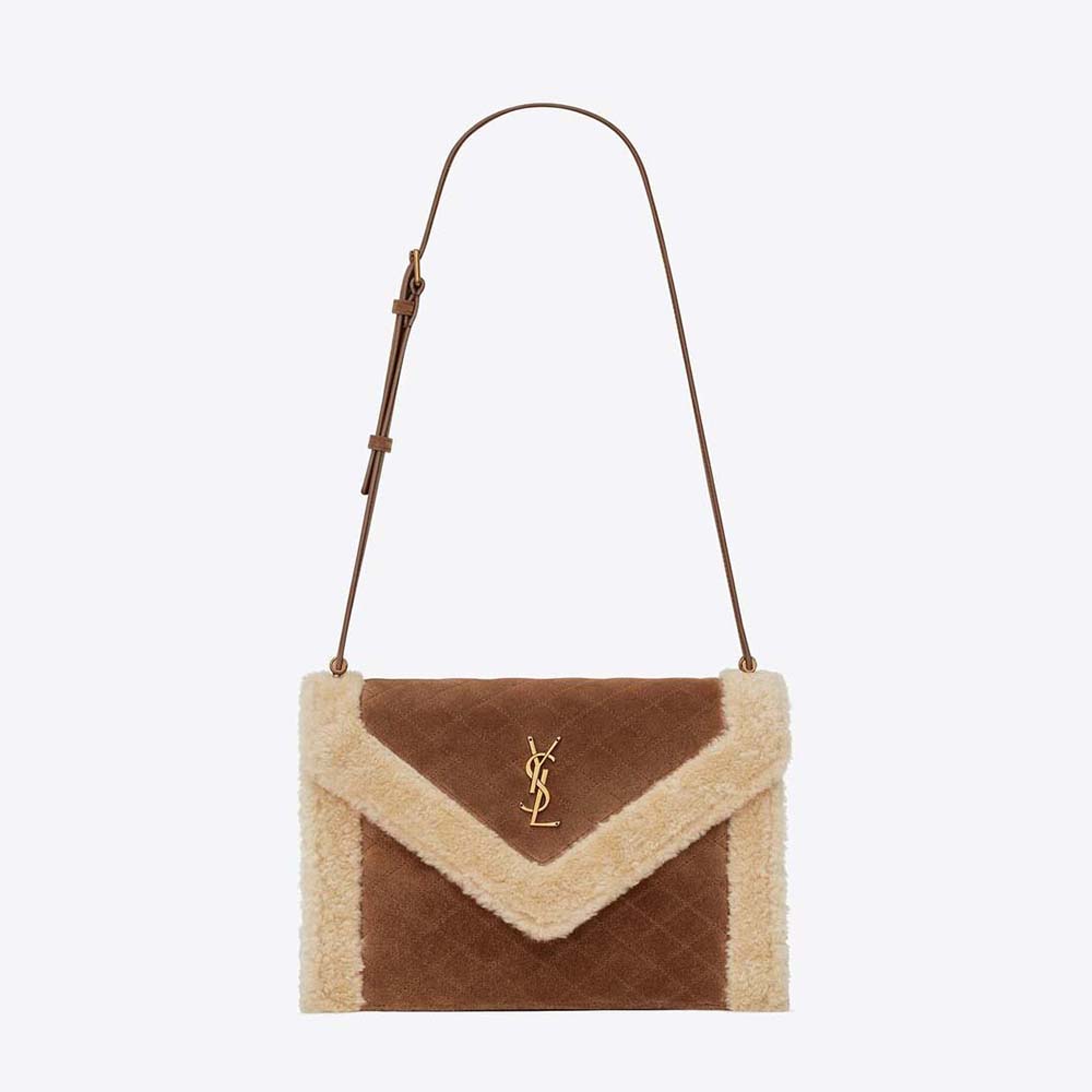Front angle of Saint Laurent YSL Women Gaby Satchel showing quilted suede