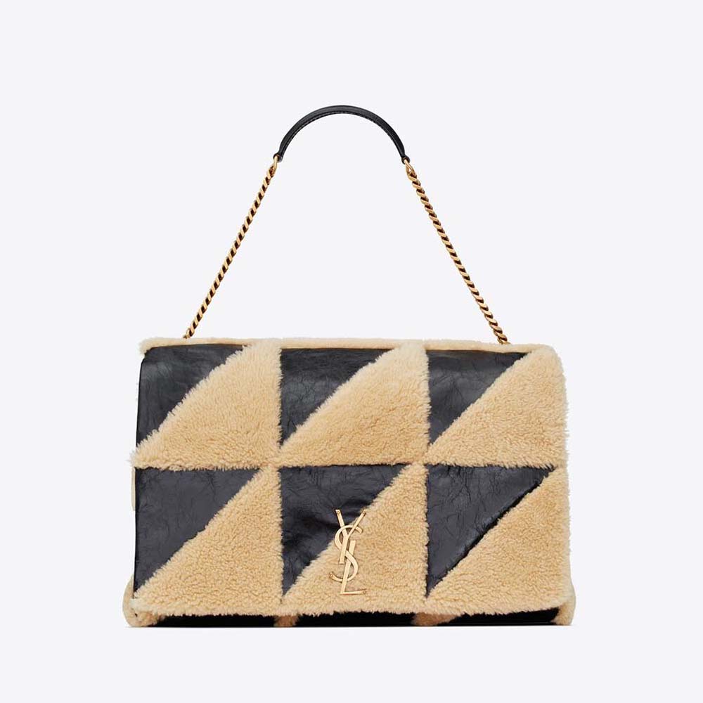 Front view of Saint Laurent YSL Women Jamie Giant Chain Bag in patchwork black suede