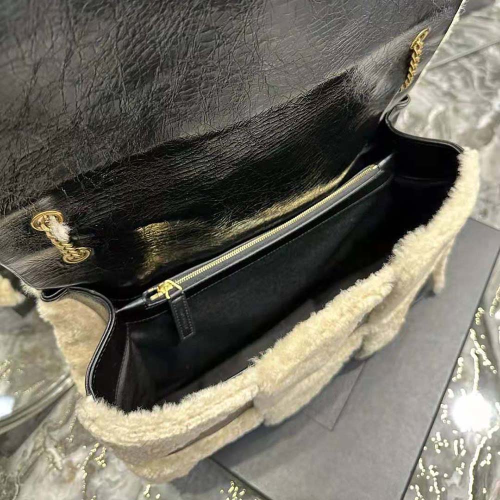 Saint Laurent YSL Women Jamie Giant Chain Bag “Carré Rive Gauche” in Suede and Shearling Patchwork-Black - image 10