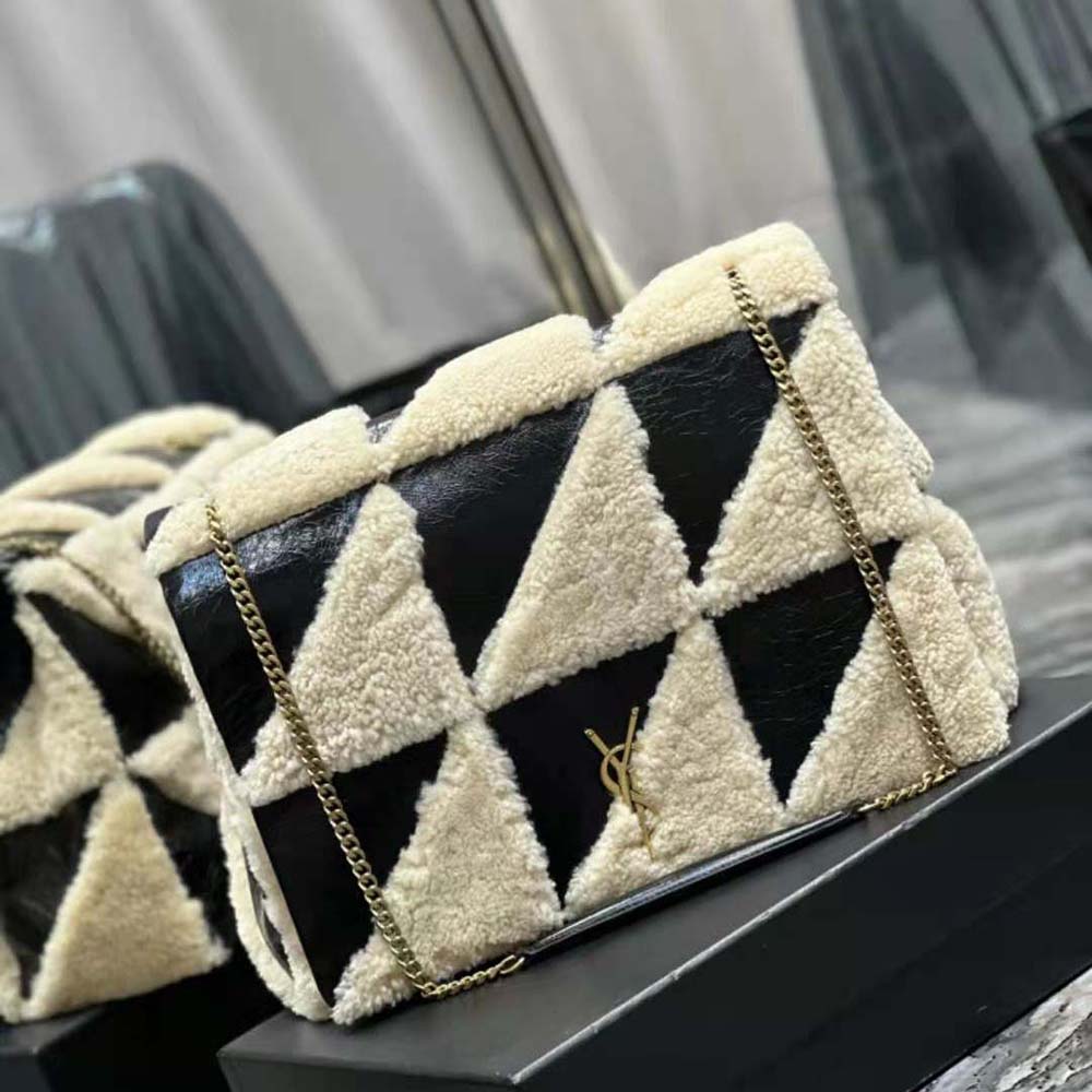 Saint Laurent YSL Women Jamie Giant Chain Bag “Carré Rive Gauche” in Suede and Shearling Patchwork-Black - image 4