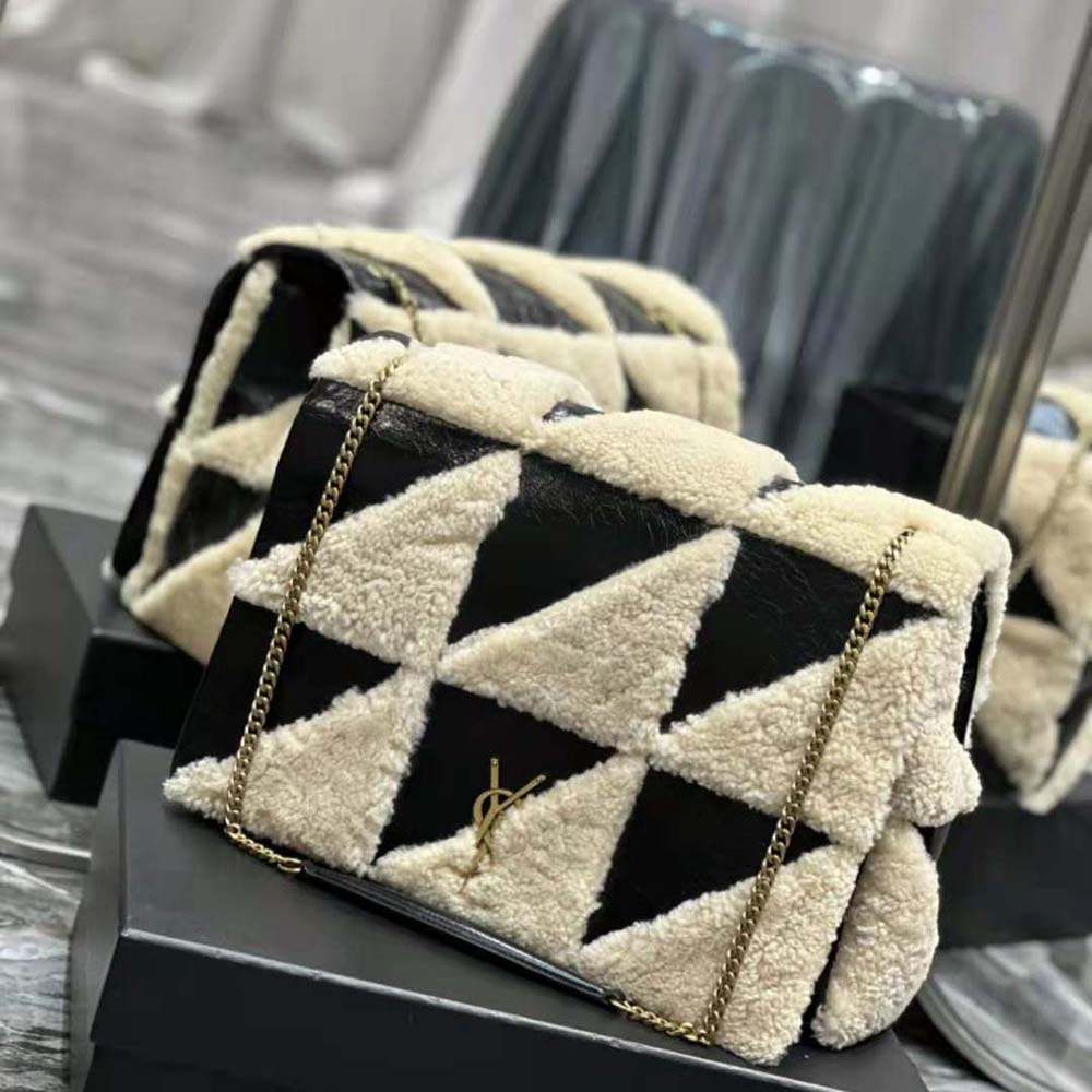 Saint Laurent YSL Women Jamie Giant Chain Bag “Carré Rive Gauche” in Suede and Shearling Patchwork-Black - image 6