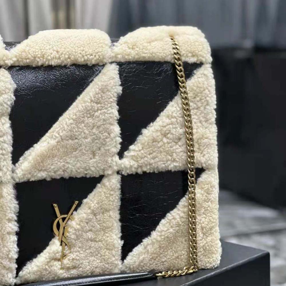 Saint Laurent YSL Women Jamie Giant Chain Bag “Carré Rive Gauche” in Suede and Shearling Patchwork-Black - image 9