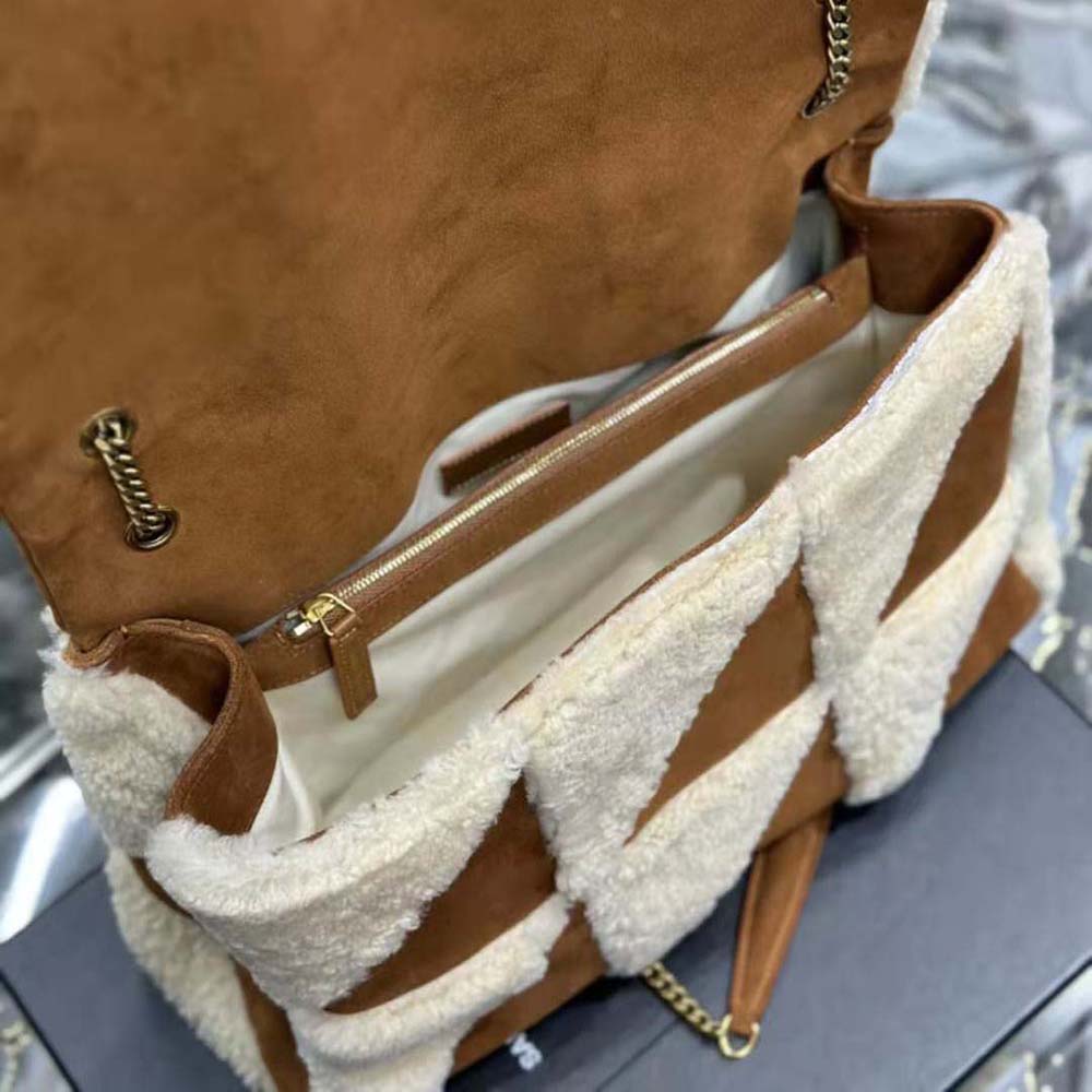 Saint Laurent YSL Women Jamie Giant Chain Bag “Carré Rive Gauche” in Suede and Shearling Patchwork-Brown - image 7