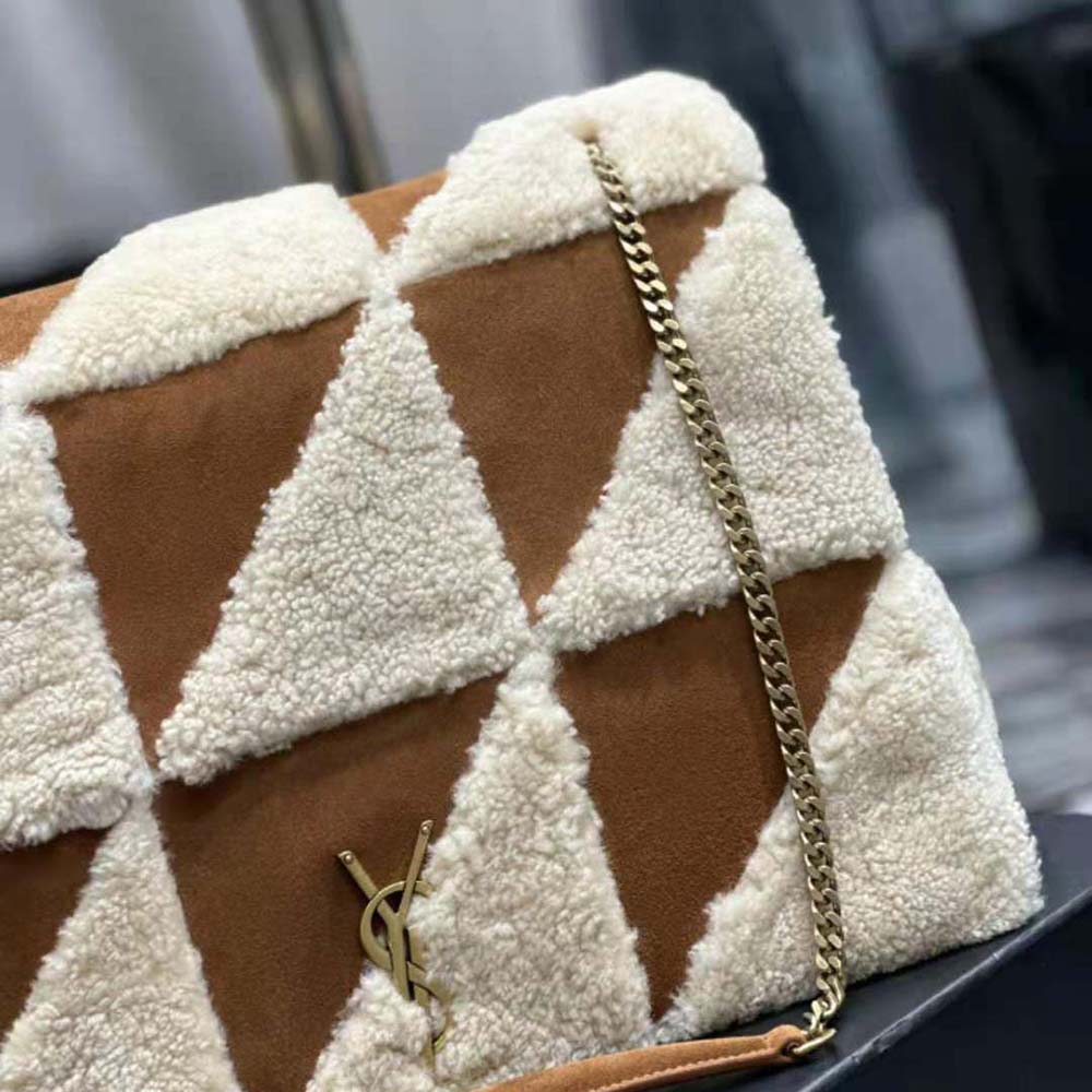 Saint Laurent YSL Women Jamie Giant Chain Bag “Carré Rive Gauche” in Suede and Shearling Patchwork-Brown - image 10