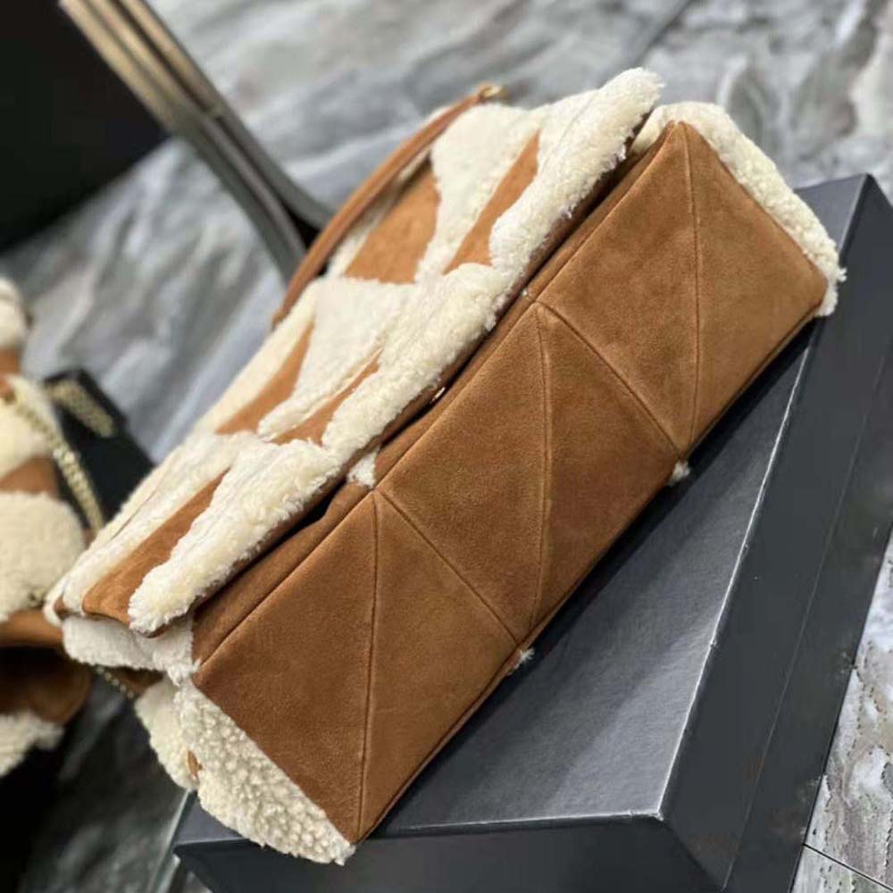 Saint Laurent YSL Women Jamie Giant Chain Bag “Carré Rive Gauche” in Suede and Shearling Patchwork-Brown - image 5