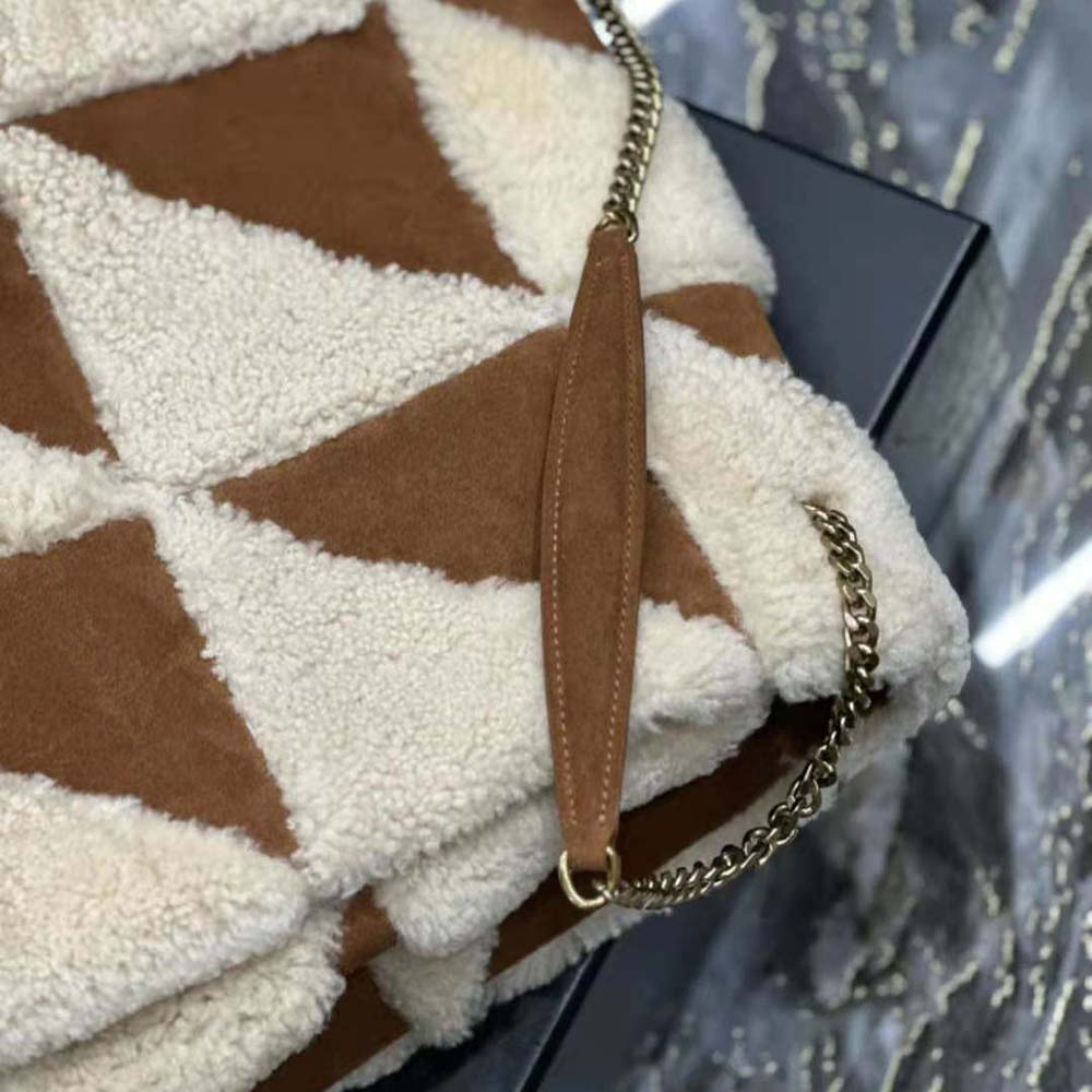 Saint Laurent YSL Women Jamie Giant Chain Bag “Carré Rive Gauche” in Suede and Shearling Patchwork-Brown - image 9