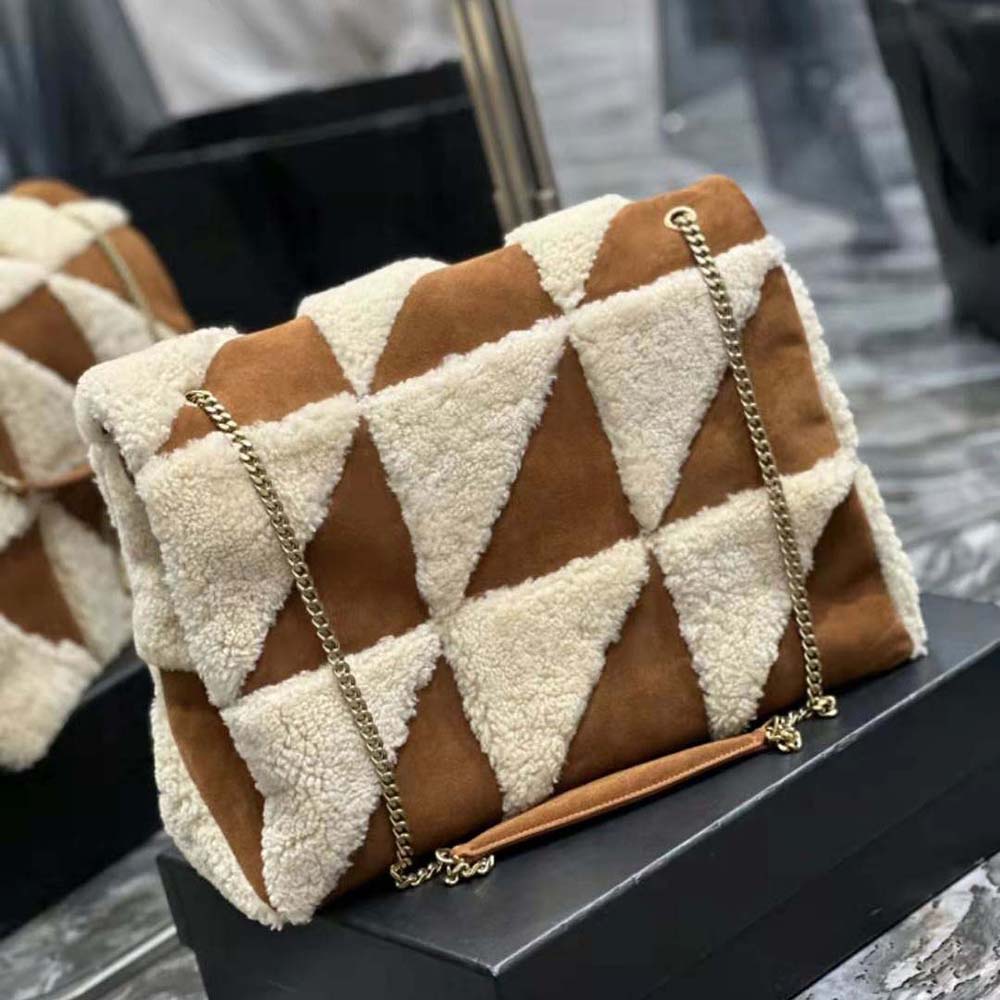 Saint Laurent YSL Women Jamie Giant Chain Bag “Carré Rive Gauche” in Suede and Shearling Patchwork-Brown - image 4