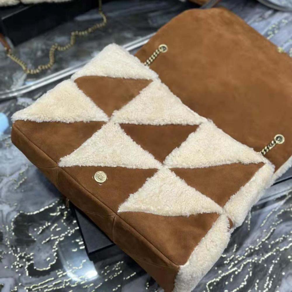Saint Laurent YSL Women Jamie Giant Chain Bag “Carré Rive Gauche” in Suede and Shearling Patchwork-Brown - image 6