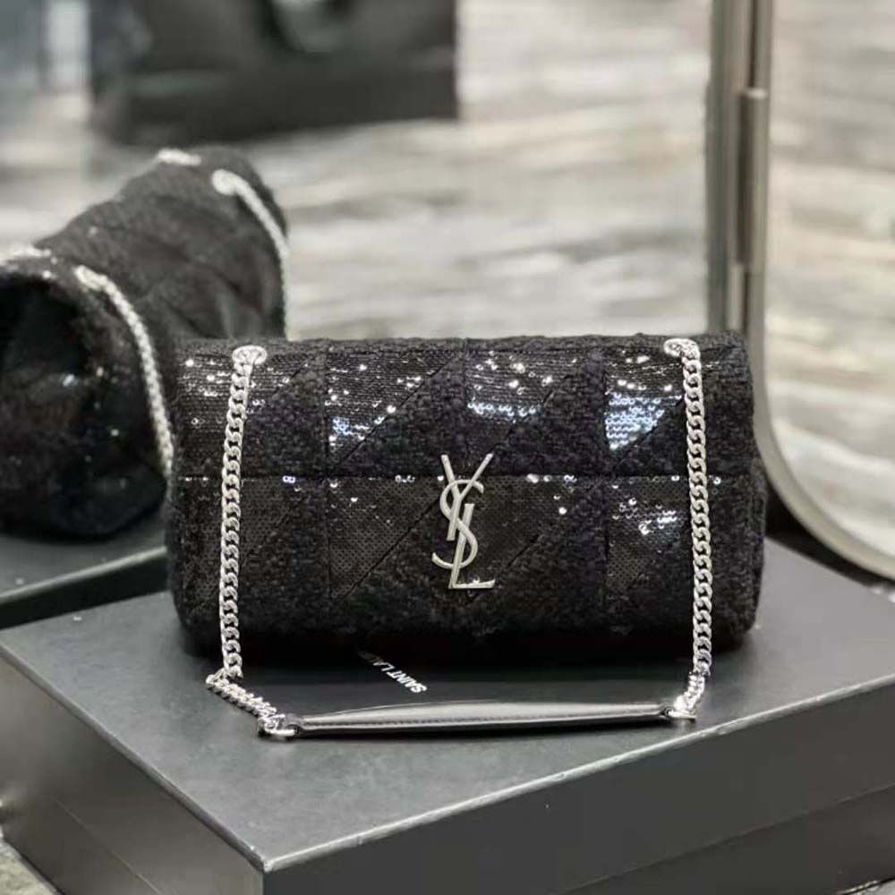 Close-up of gold chain strap and sequined tweed detail on YSL Jamie bag