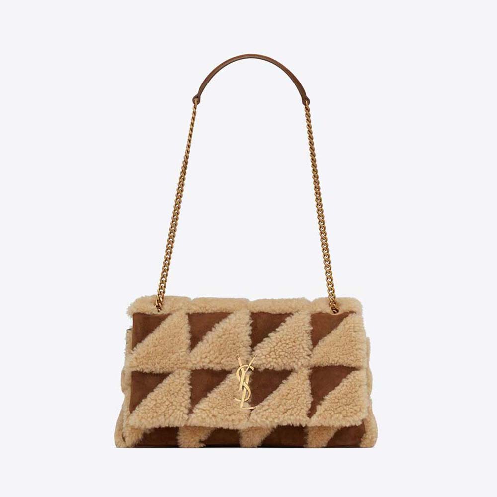 Saint Laurent YSL Women Jamie Medium Chain Bag “Carré Rive Gauche” in Suede and Shearling Patchwork