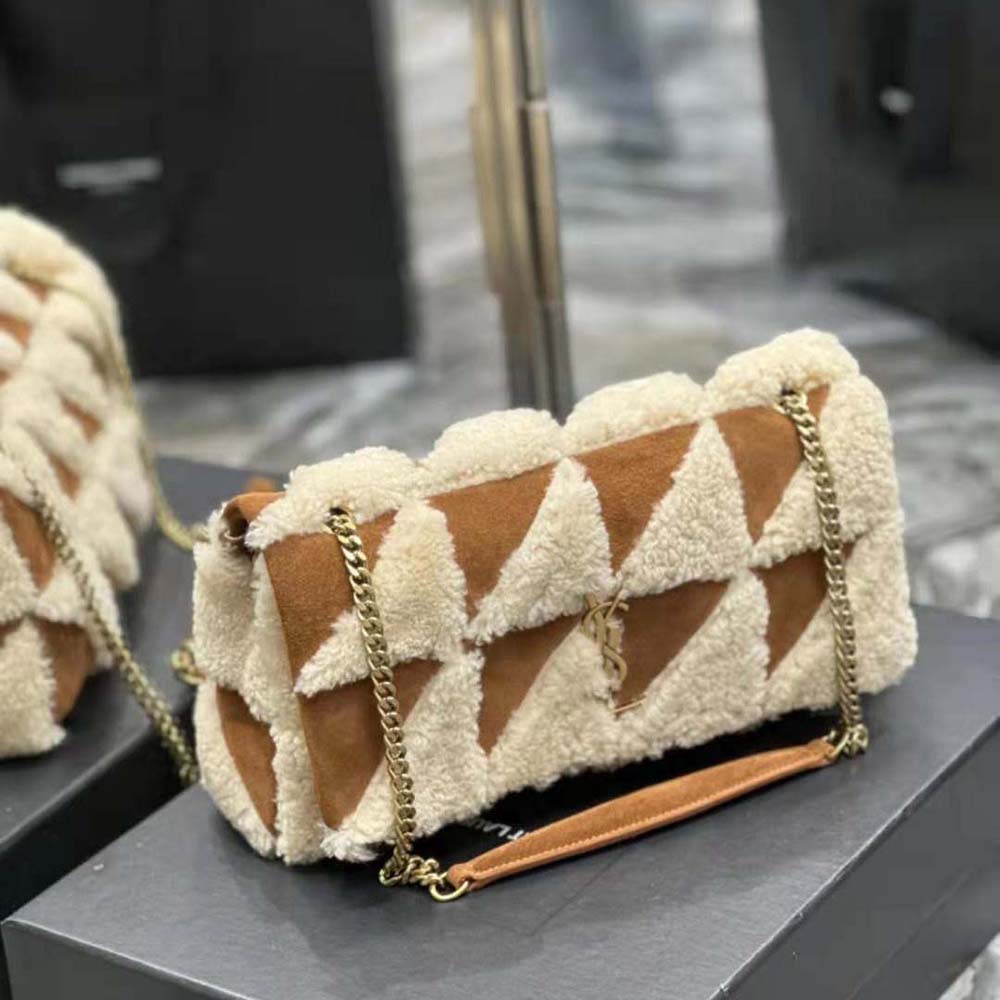 Side angle showing shearling patch detail on Saint Laurent Jamie chain bag