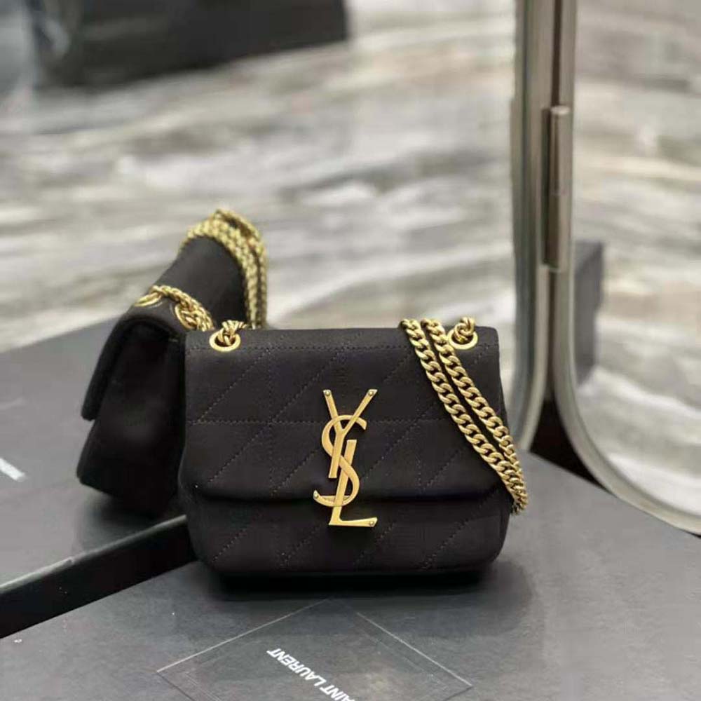 Close-up of silver YSL chain and logo on Jamie Mini Chain Bag