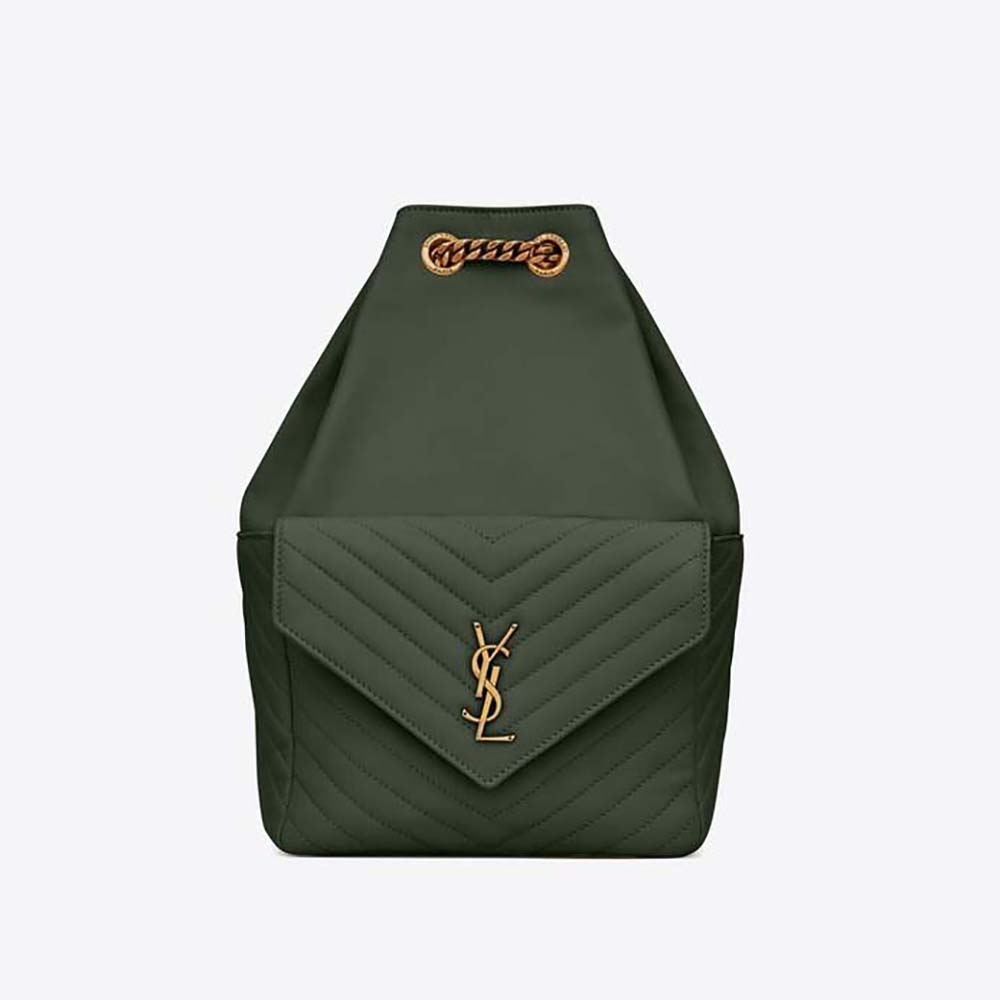 Front view of Saint Laurent YSL Women Joe Backpack in Lambskin-Green