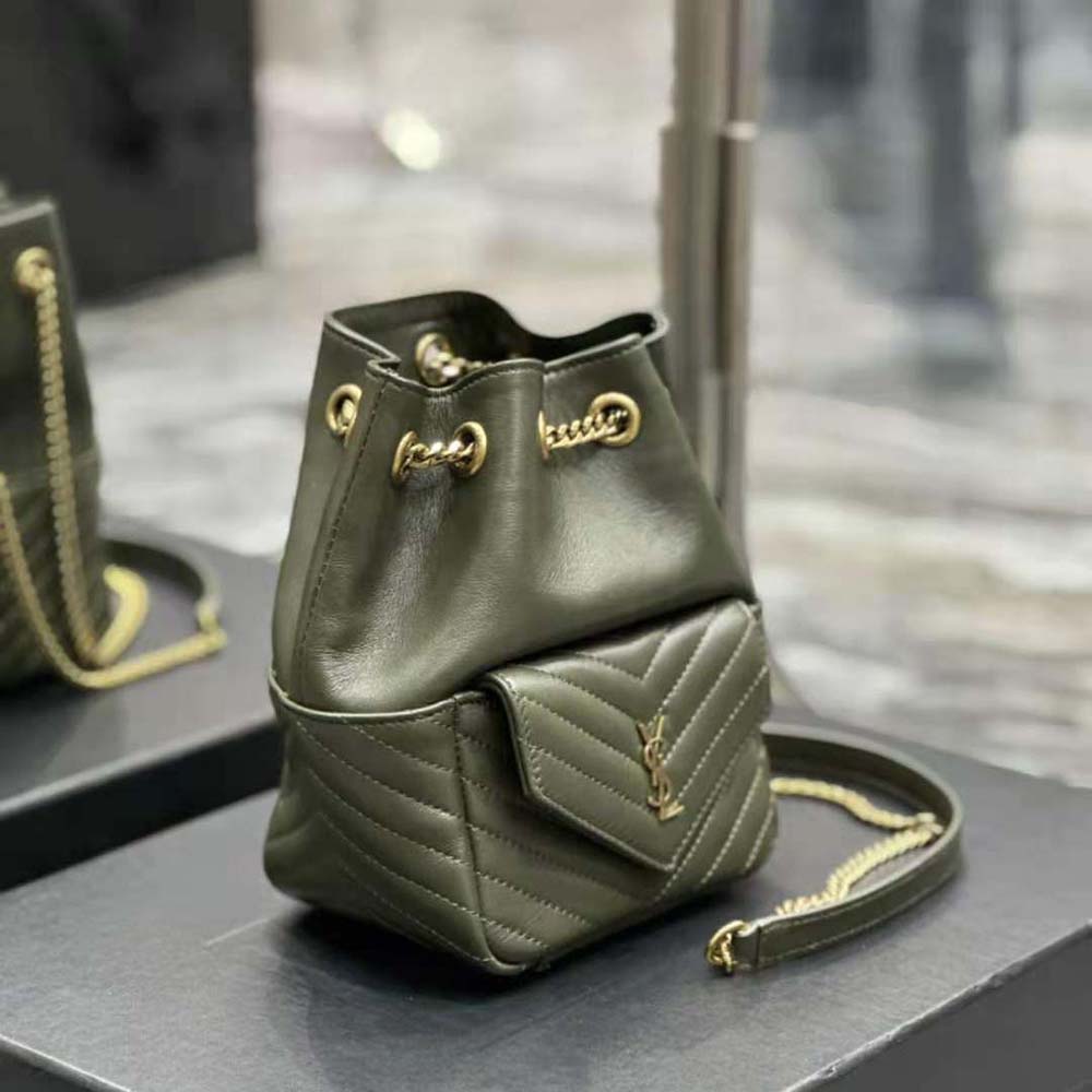 Side angle showing drawstring closure of Saint Laurent YSL Joe Backpack