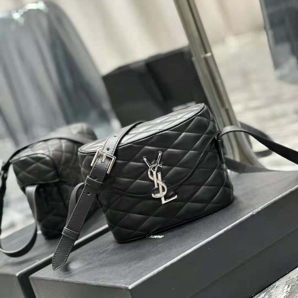 Side angle showing structured silhouette of Saint Laurent YSL June Box Bag
