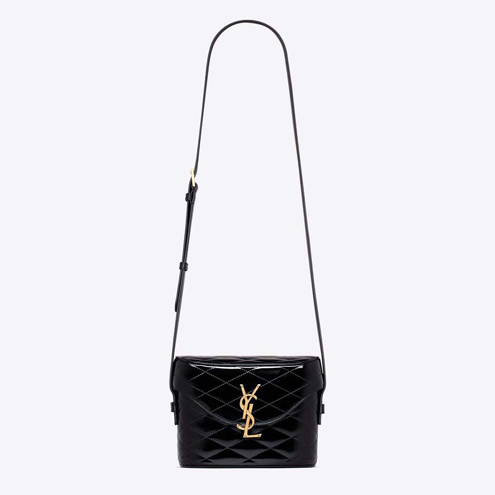 Front view of Saint Laurent YSL Women June Box Bag in black patent leather