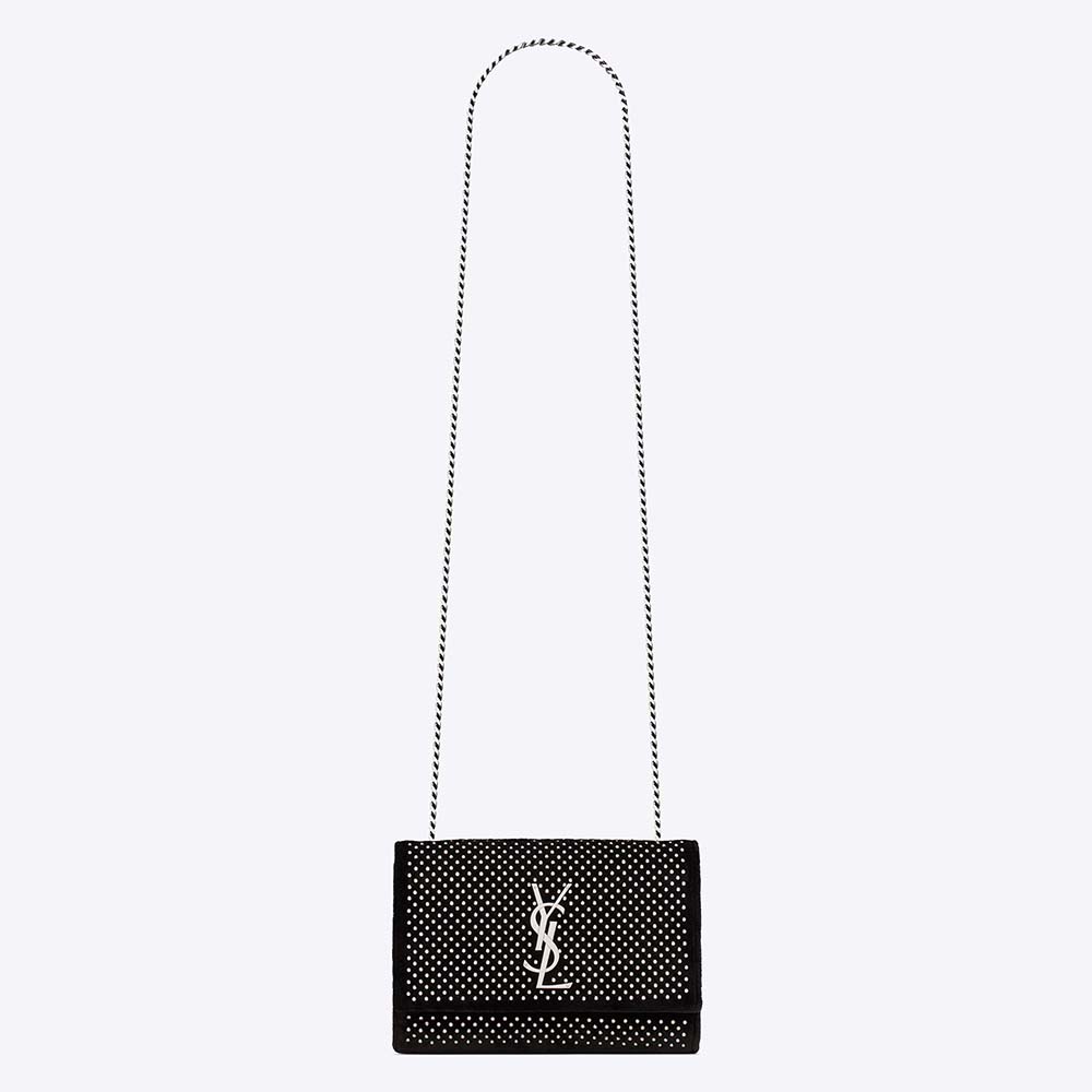 Front angle of Saint Laurent YSL Women Kate Small Chain Bag in black velvet