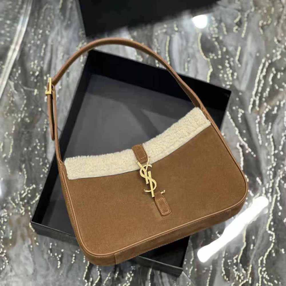 Side angle showing spacious silhouette of Saint Laurent YSL hobo bag