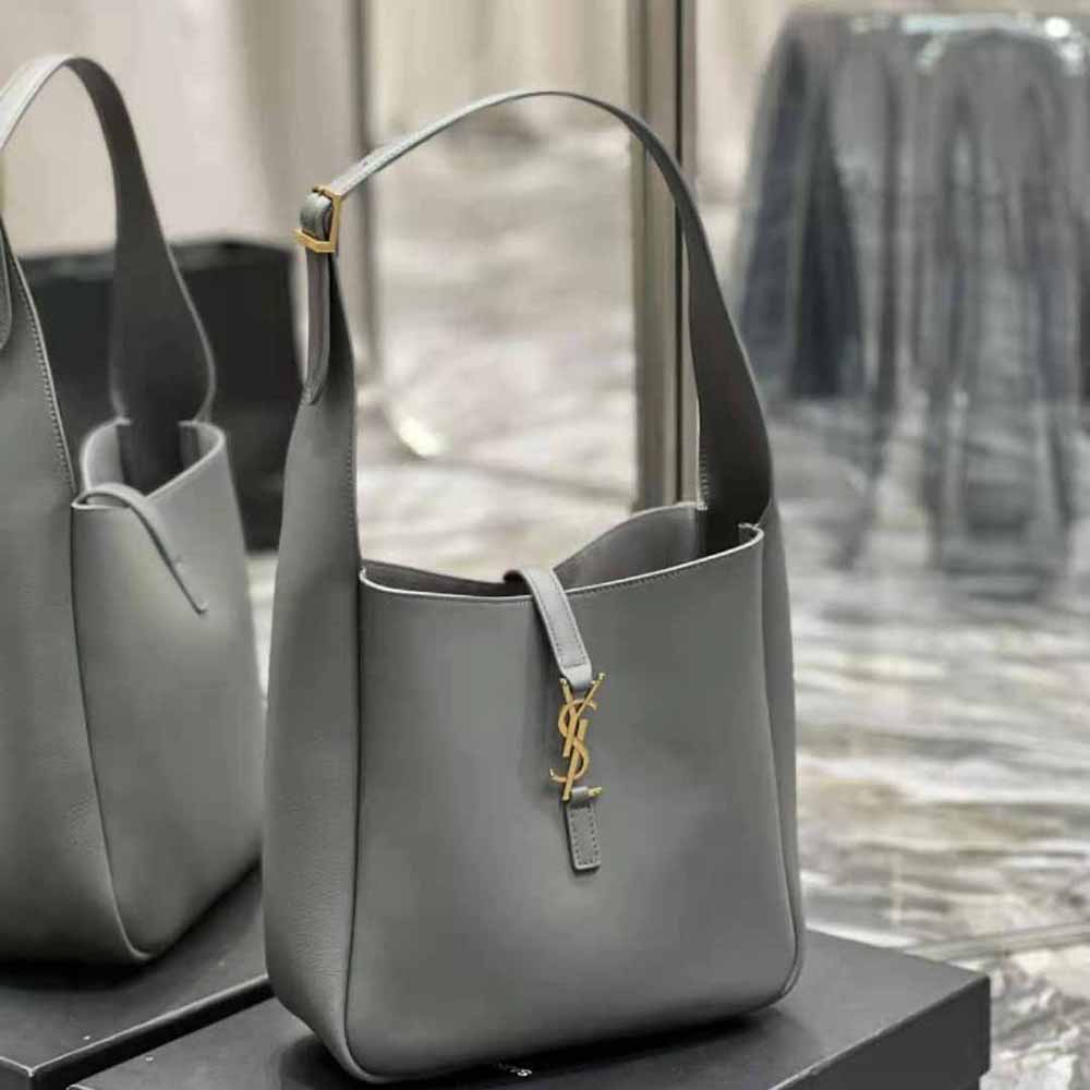 Side angle showing smooth leather texture on Saint Laurent YSL small hobo bag
