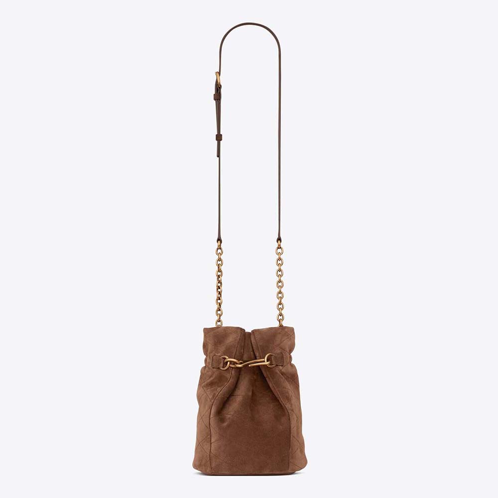 Front view of Saint Laurent YSL Women Le Maillon Bucket Bag in Suede