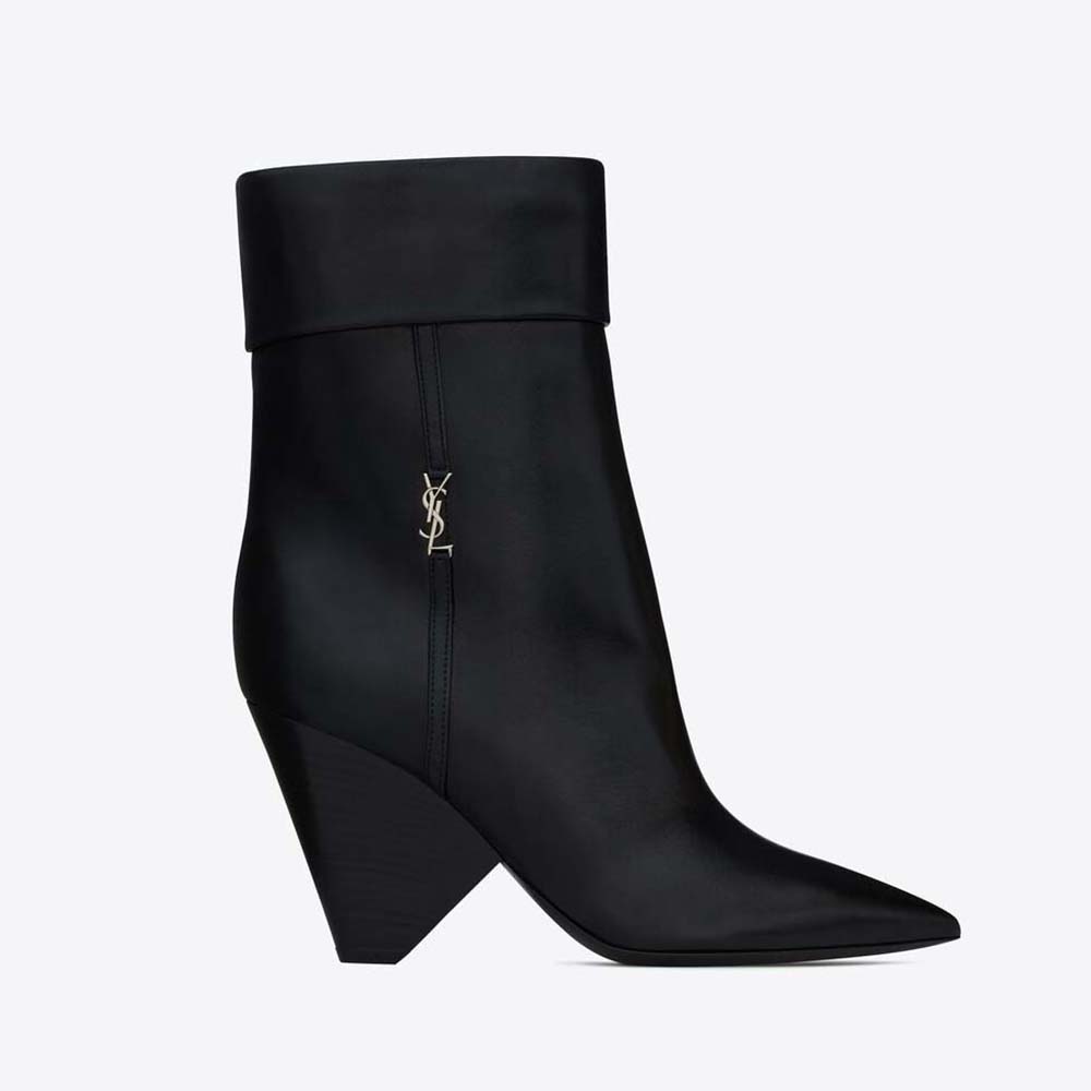 Side profile of Saint Laurent YSL Women Niki Booties in black leather