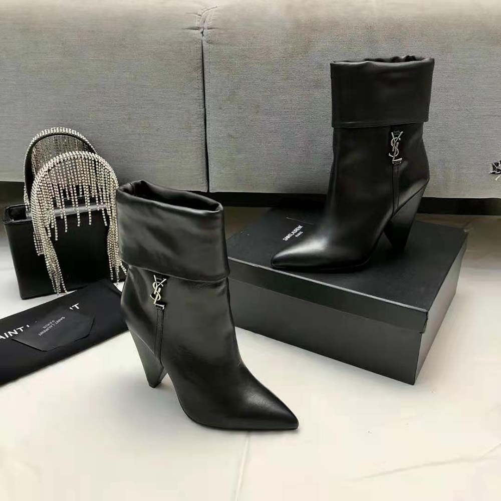 Saint Laurent YSL Women Niki Booties in Smooth Leather and Silver-Tone Monogram-Black - image 5