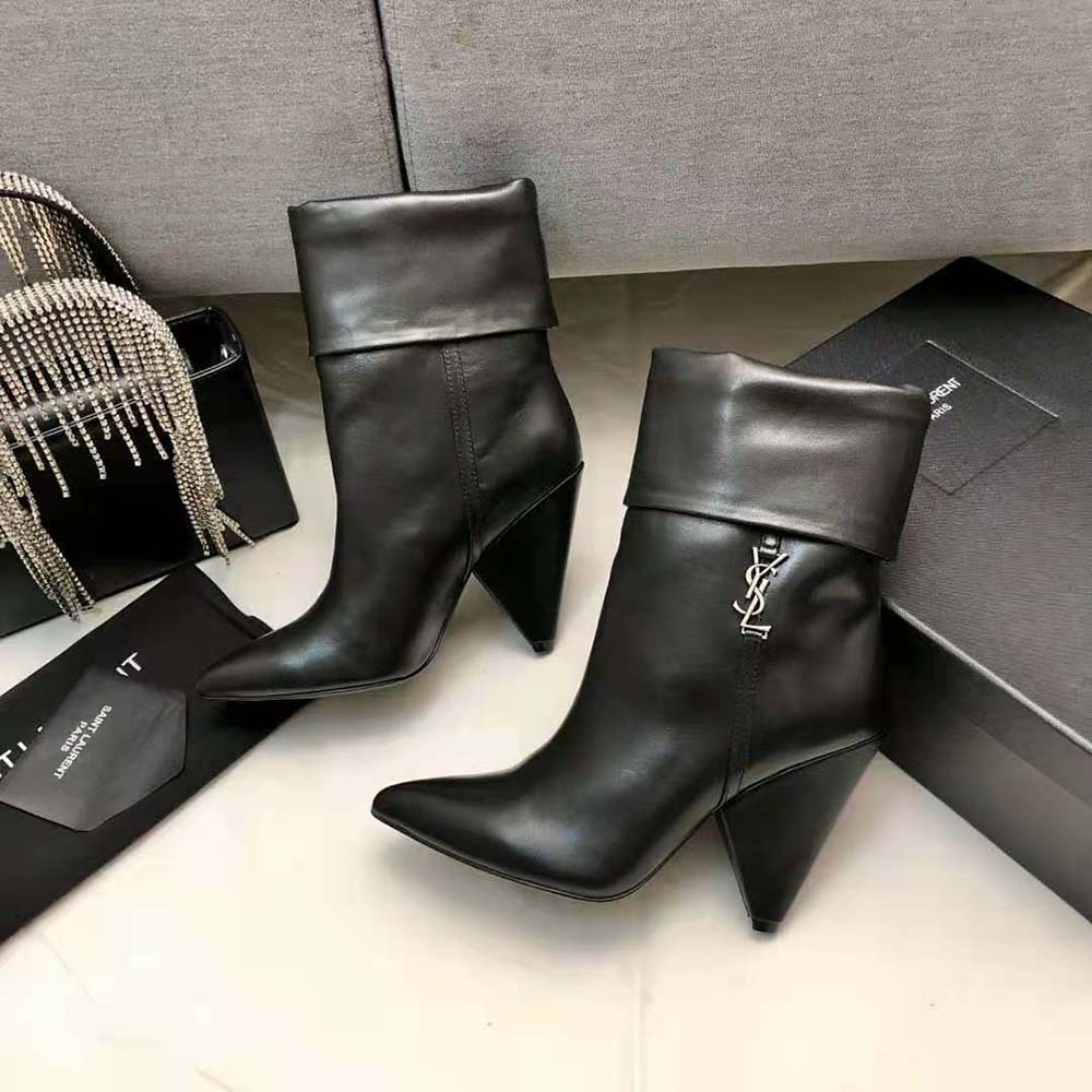Saint Laurent YSL Women Niki Booties in Smooth Leather and Silver-Tone Monogram-Black - image 6