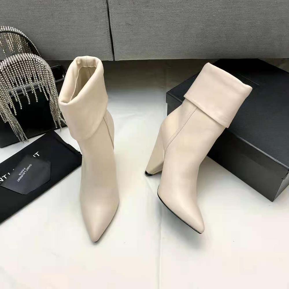 Saint Laurent YSL Women Niki Booties in Smooth Leather and Silver-Tone Monogram-White - image 4