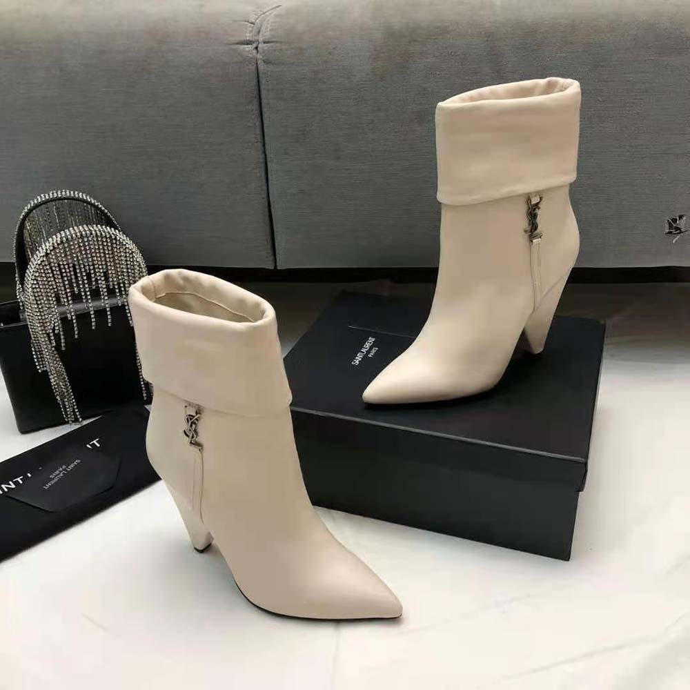 Saint Laurent YSL Women Niki Booties in Smooth Leather and Silver-Tone Monogram-White - image 5
