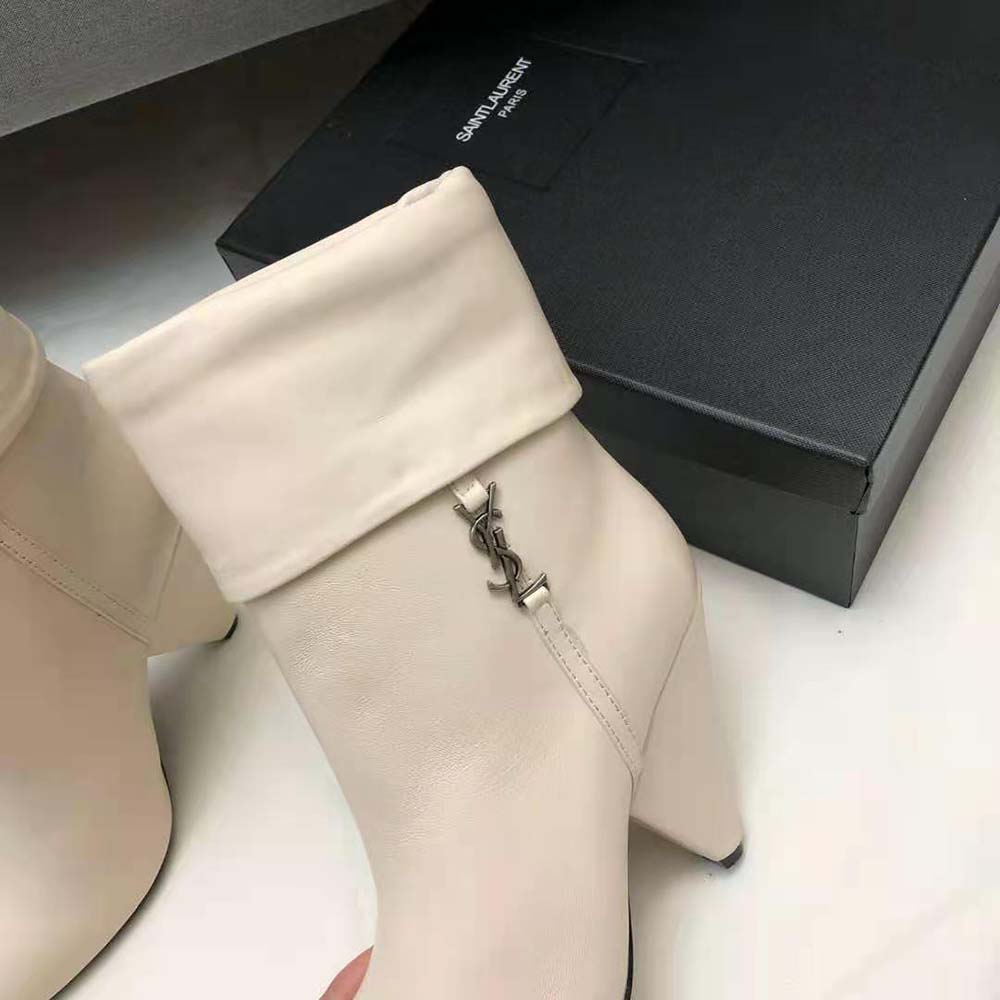Saint Laurent YSL Women Niki Booties in Smooth Leather and Silver-Tone Monogram-White - image 8