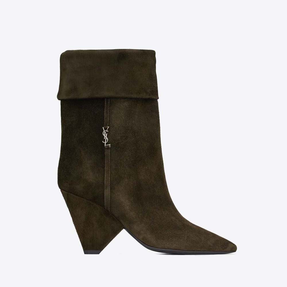 Side profile of Saint Laurent YSL Women Niki Booties in green suede