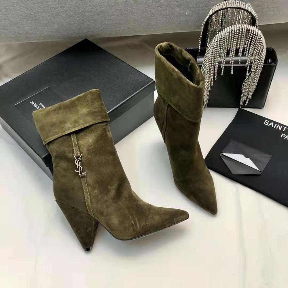 Saint Laurent YSL Women Niki Booties in Suede and Silver-Tone Monogram - image 5