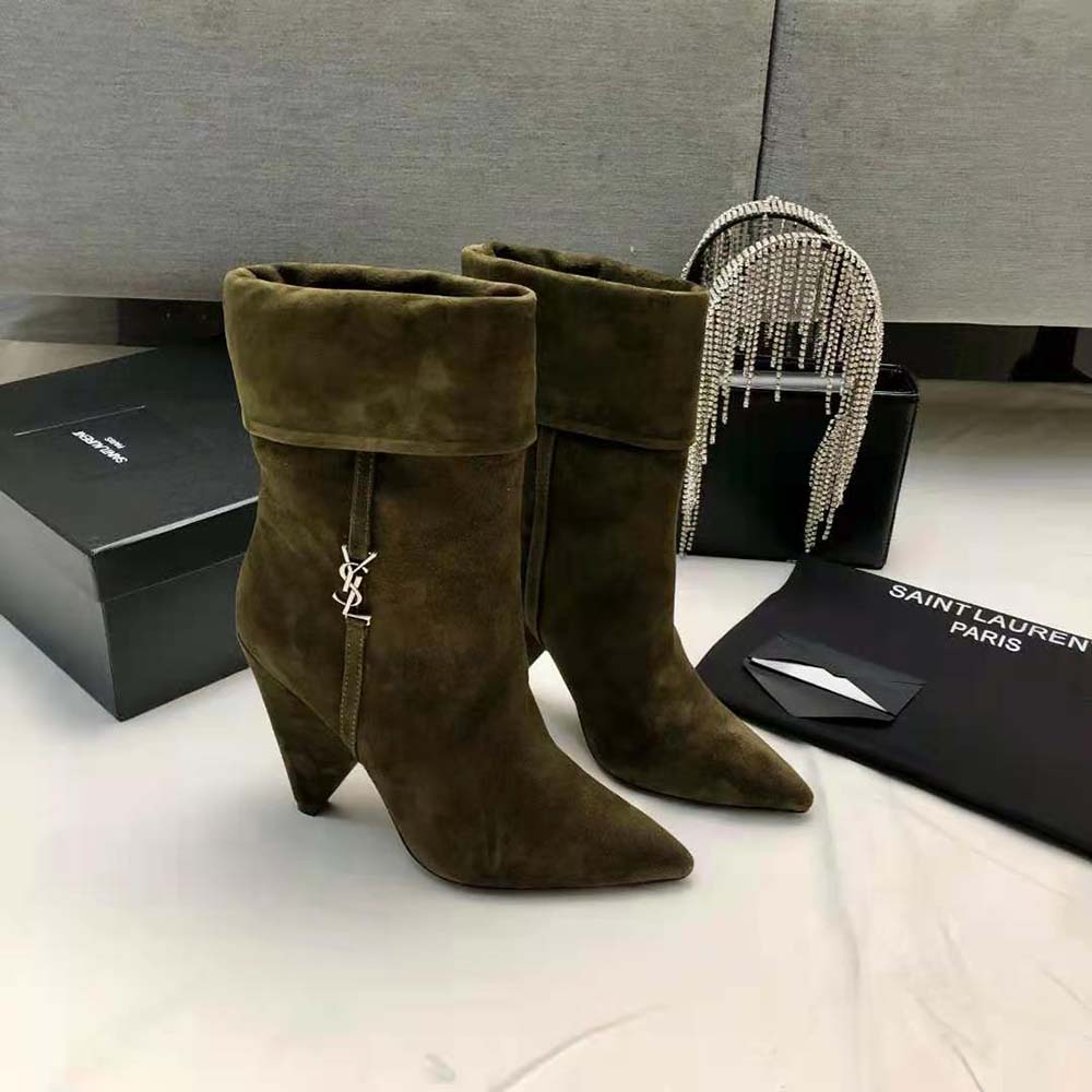 Back view showing stacked heel of Saint Laurent YSL Women Niki Booties