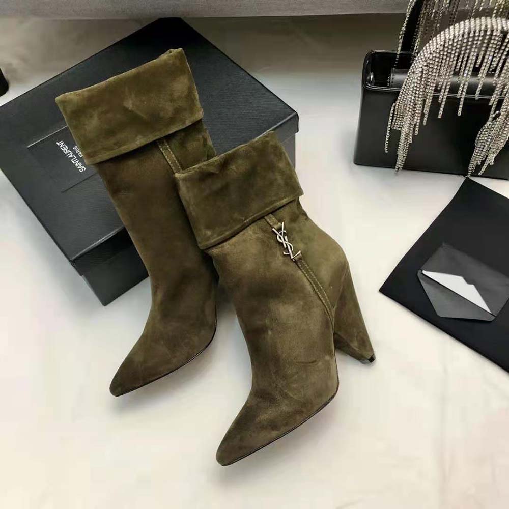 Saint Laurent YSL Women Niki Booties in Suede and Silver-Tone Monogram - image 4