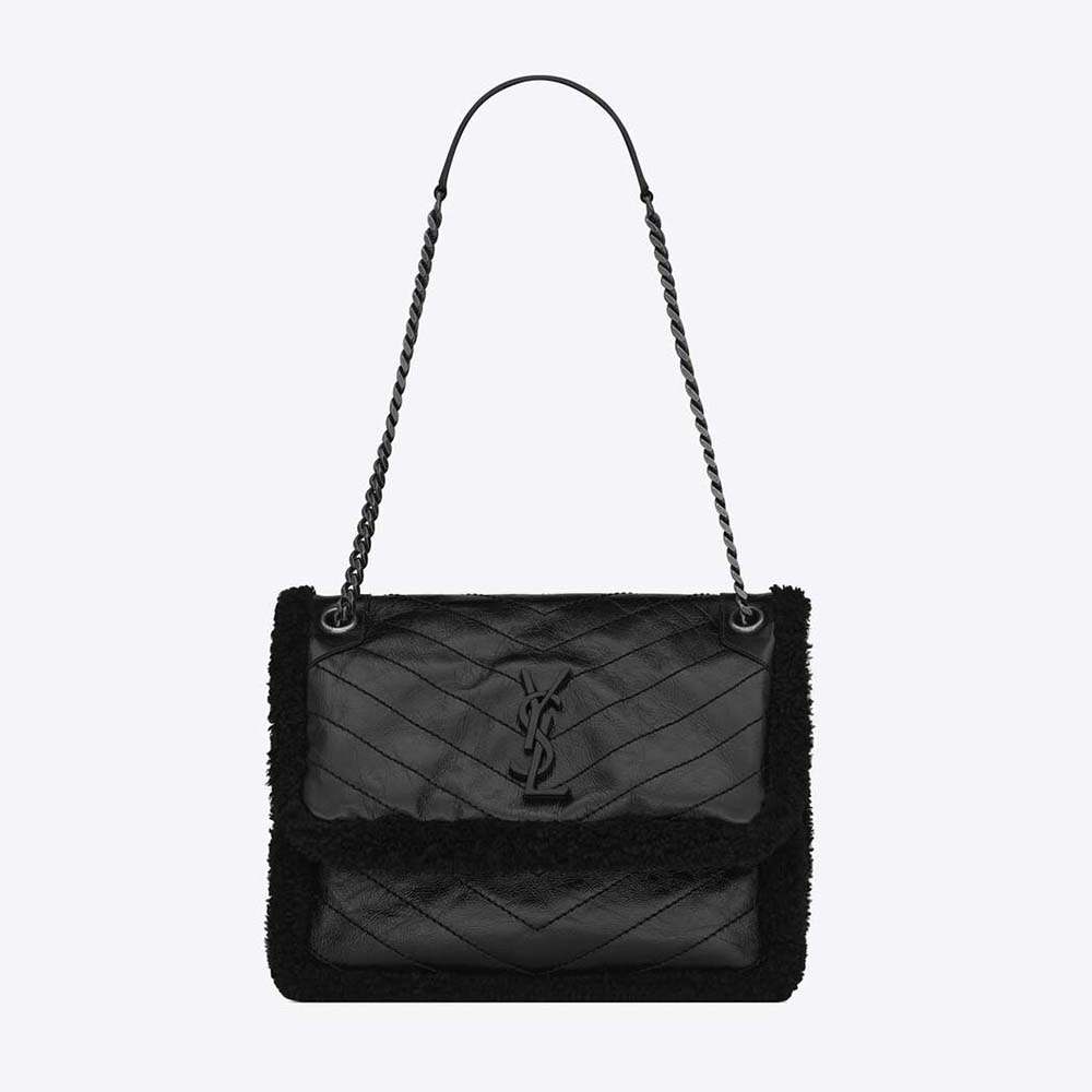 Front view of Saint Laurent YSL Women Niki Medium Chain Bag in black leather