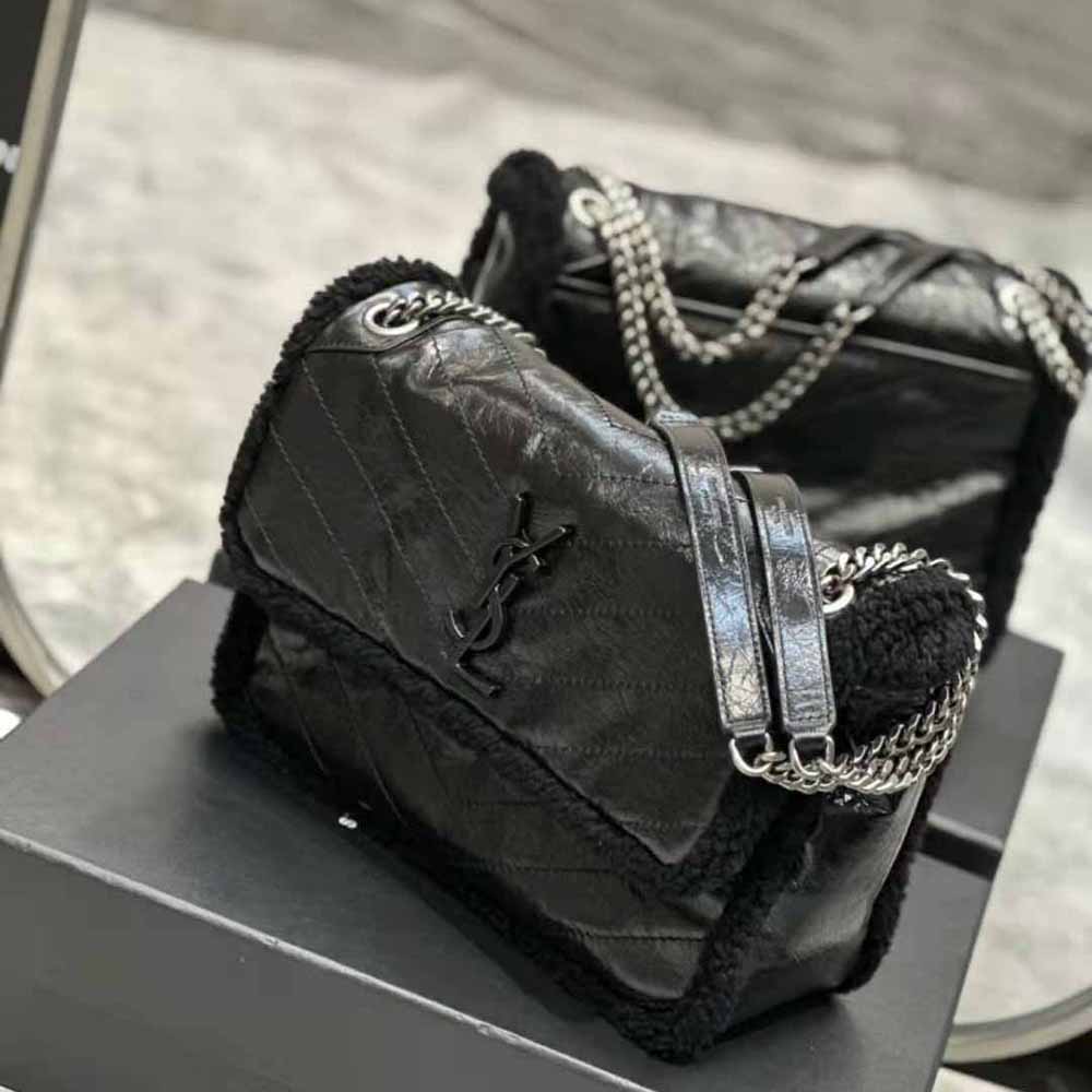 Saint Laurent YSL Women Niki Medium Chain Bag in Crinkled Leather and Shearling - image 4