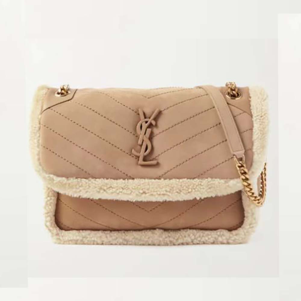 Front view of Saint Laurent YSL Women Niki Medium Chain Bag in brown leather