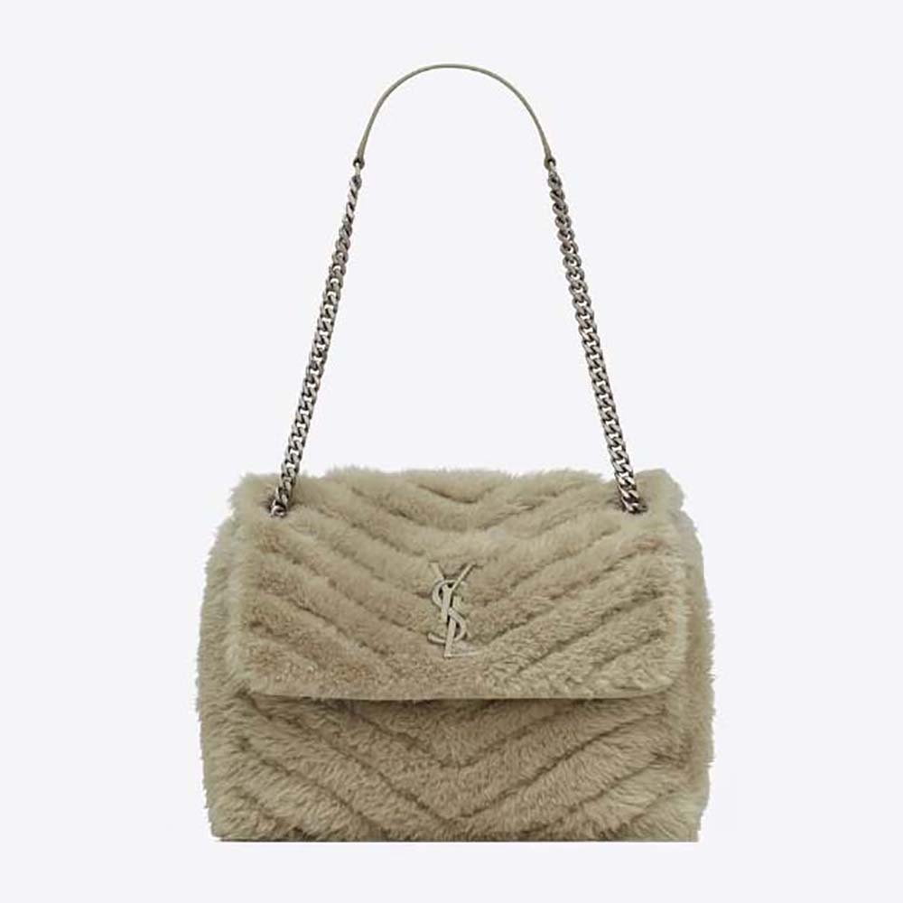 Front view of Saint Laurent YSL Women Niki Medium Chain Bag in Shearling sandy